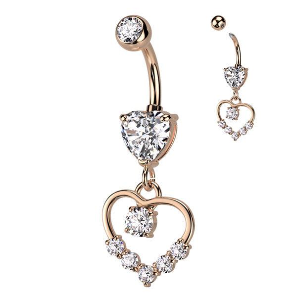 Heart CZ Belly Dangle Belly Ring 14 gauge - 3/8" long (10mm) Rose Gold