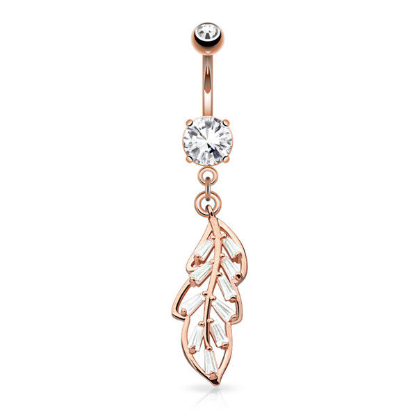 Leaf CZ Belly Dangle Belly Ring 14 gauge - 3/8" long (10mm) Rose Gold