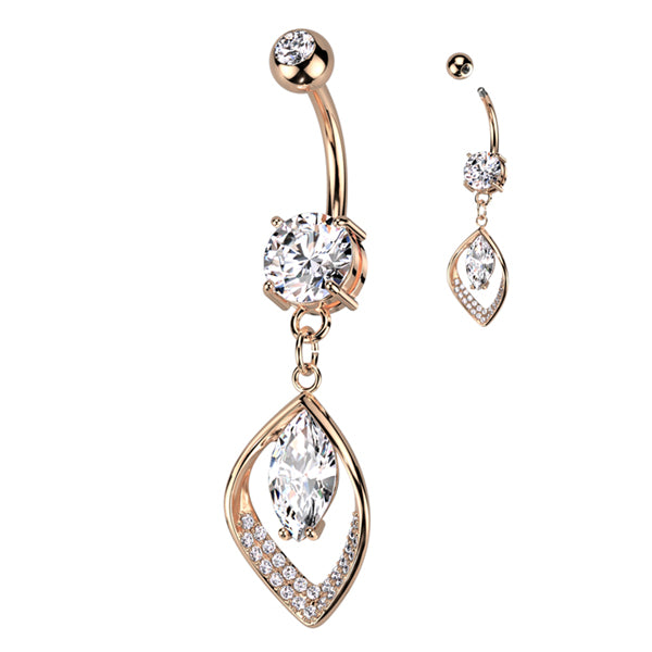 Marquise CZ Belly Dangle Belly Ring 14 gauge - 3/8" long (10mm) Rose Gold