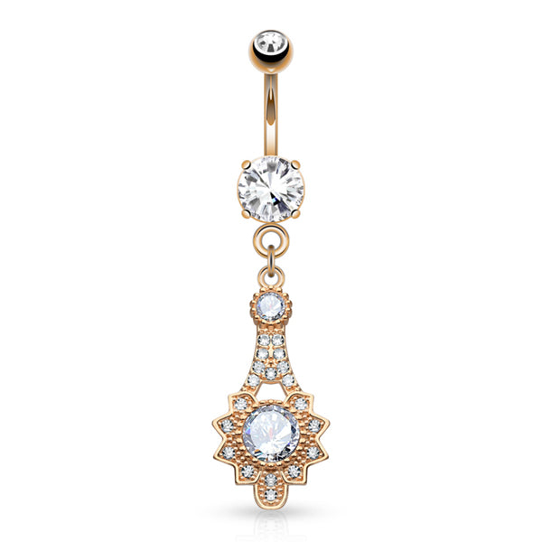 Ornate CZ Belly Dangle Belly Ring 14 gauge - 3/8" long (10mm) Rose Gold