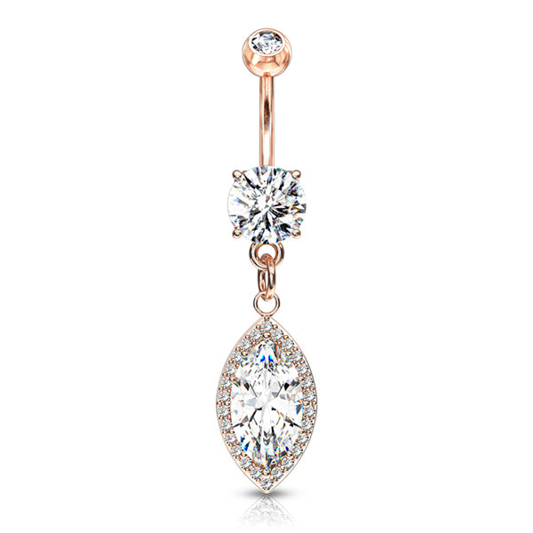 Paved Marquise Belly Dangle Belly Ring 14 gauge - 3/8" long (10mm) Rose Gold