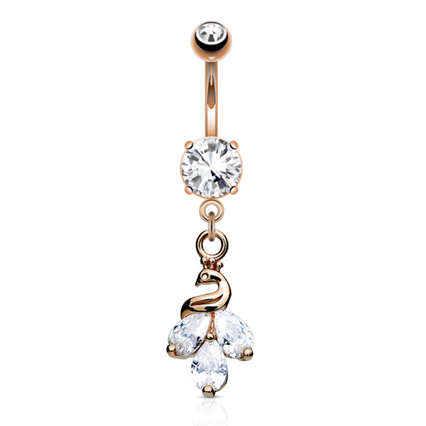 Peacock CZ Belly Dangle Belly Ring 14 gauge - 3/8" long (10mm) Rose Gold