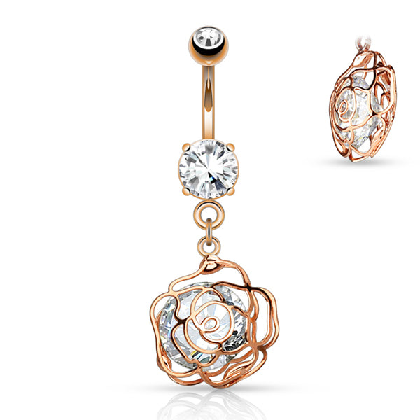 Rose CZ Belly Dangle Belly Ring 14 gauge - 3/8" long (10mm) Rose Gold