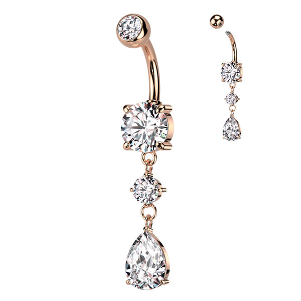 Teardrop CZ Belly Dangle Belly Ring 14 gauge - 3/8" long (10mm) Rose Gold