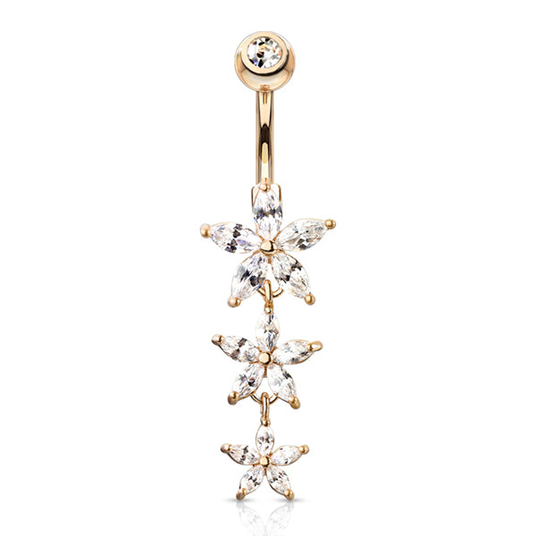 Triple CZ Flower Belly Dangle Belly Ring 14 gauge - 3/8" long (10mm) Rose Gold