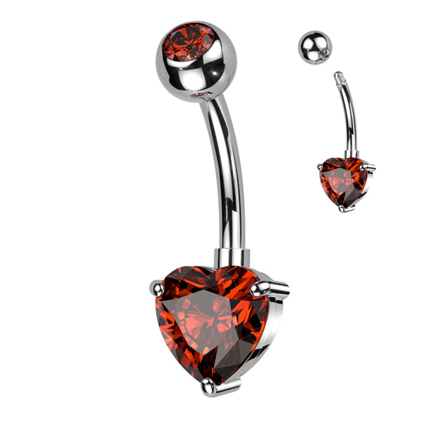 Heart CZ Titanium Belly Barbell Belly Ring 14g - 3/8" long (10mm) High Polish (silver) & Red CZs