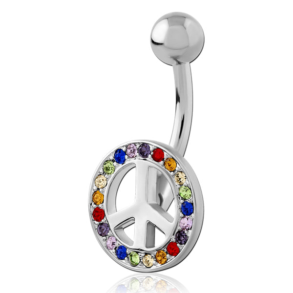 Rainbow CZ Peace Sign Stainless Belly Ring
