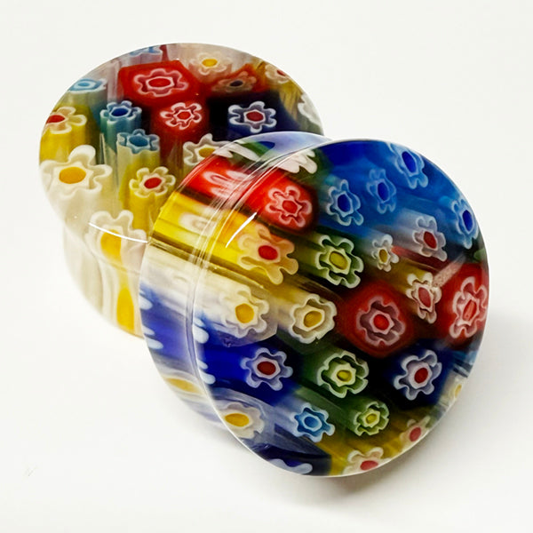 Rainbow Millefiori Glass Plugs Stretched Lobes 5/8 inch (16mm) Rainbow