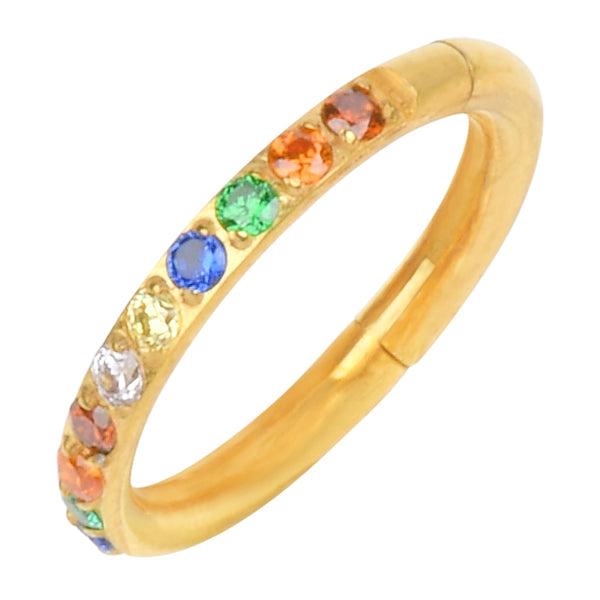 Rainbow Side CZ Gold Titanium Hinged Ring Hinged Rings 16g - 5/16" diameter (8mm) Multicolor
