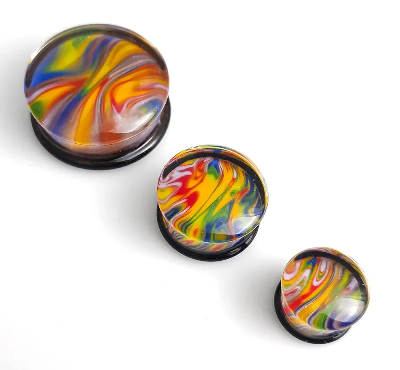 Rainbow Tie-Dye Glass Plugs Stretched Lobes 1/2 inch (13mm) Satin Lime