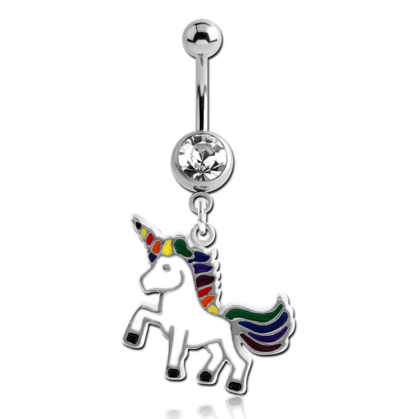 Rainbow Unicorn Stainless Belly Dangle Belly Ring 14 gauge - 3/8
