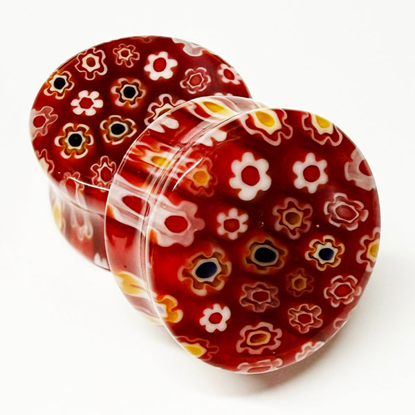 Red Millefiori Glass Plugs Stretched Lobes 0 gauge (8mm) Red