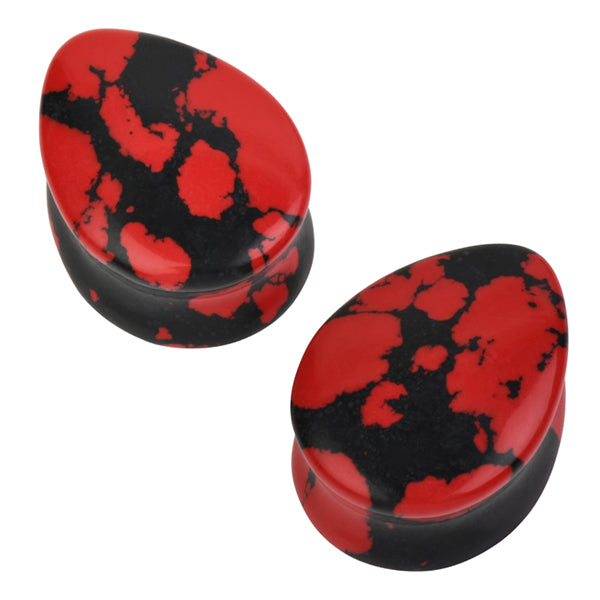 Red Turquoise Teardrop Plugs Stretched Lobes 0 gauge (8mm) Red & Black Turquoise
