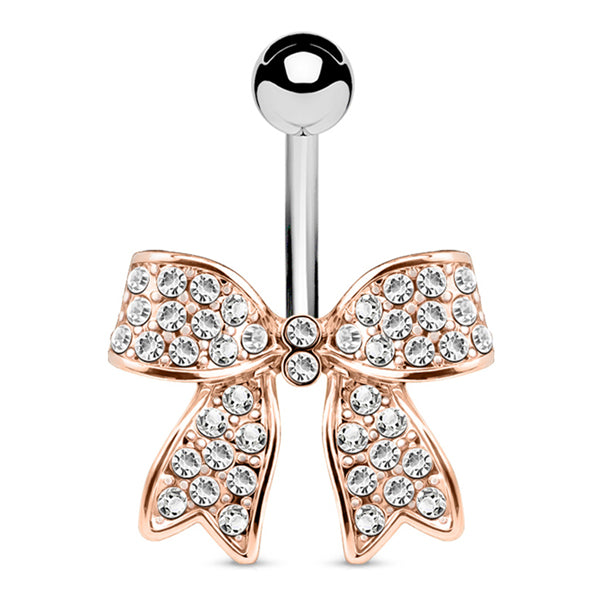 CZ Bow Belly Ring Belly Ring 14g - 3/8" long (10mm) Rose Gold w/ Clear CZs