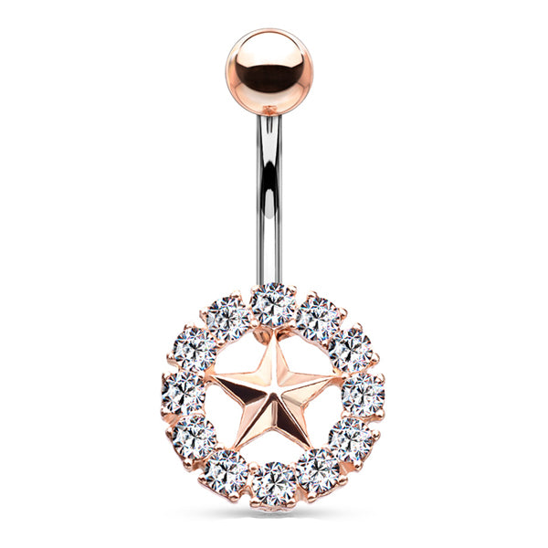 Crystal Star Belly Ring Belly Ring 14g - 3/8" long (10mm) Rose Gold w/ Clear CZs