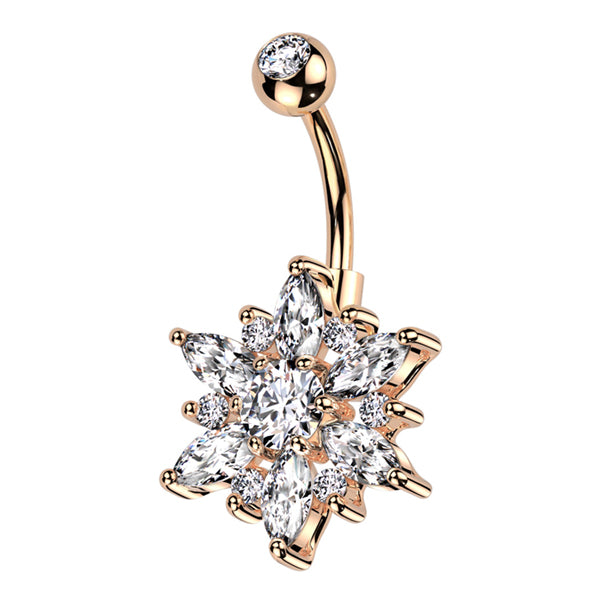 Marquise Flower Belly Ring Belly Ring 14g - 3/8" long (10mm) Rose Gold w/ Clear CZs