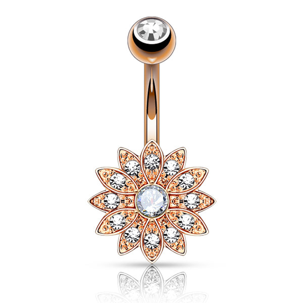 Paved Flower Belly Ring Belly Ring 14g - 3/8" long (10mm) Rose Gold w/ Clear CZs