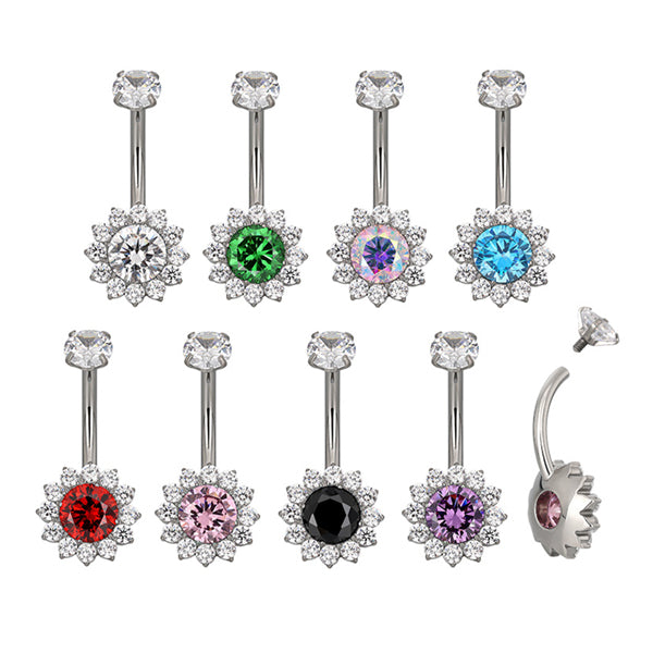 Round CZ Flower Titanium Belly Barbell Belly No-Dangles 14g - 3/8