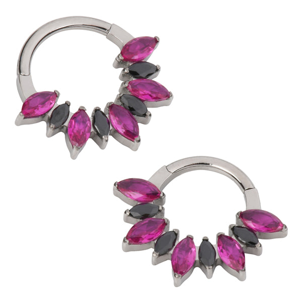 Marquise Fan Titanium Hinged Ring Hinged Rings 16g - 5/16" diameter (8mm) Ruby Red / Black