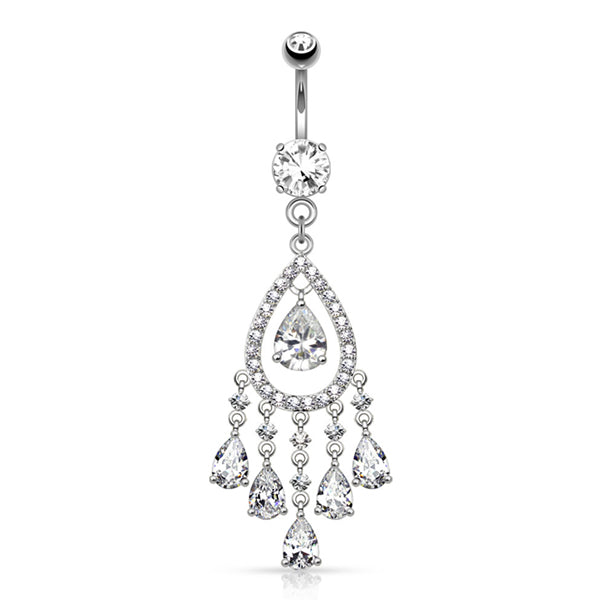 CZ Chandelier Belly Dangle Belly Ring 14 gauge - 3/8" long (10mm) Stainless Steel