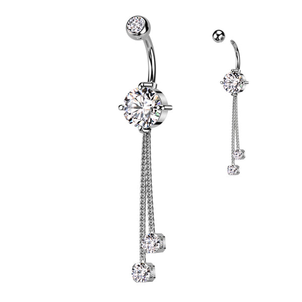 Double CZ Belly Dangle Belly Ring 14 gauge - 3/8" long (10mm) Stainless Steel