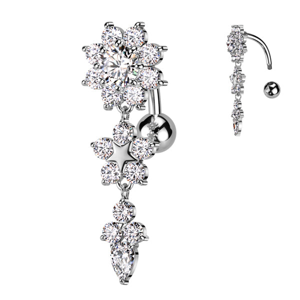 Flower CZ Reverse Belly Dangle Belly Ring 14 gauge - 3/8" long (10mm) Stainless Steel