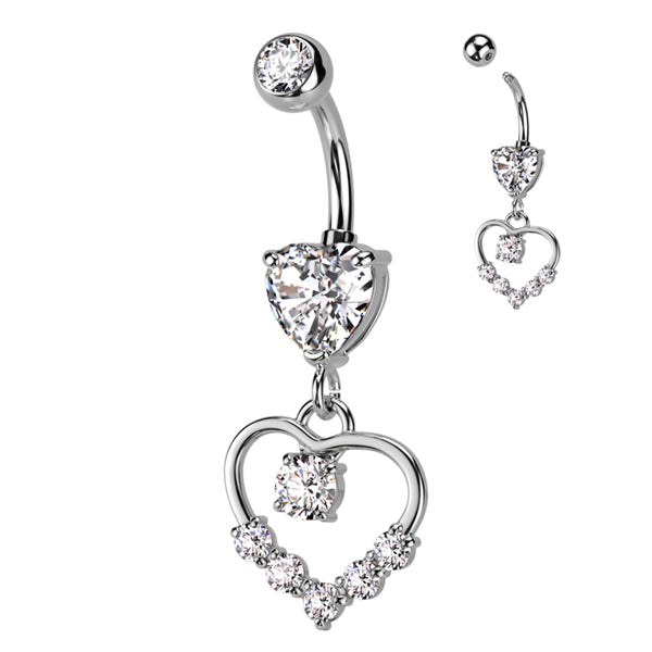 Heart CZ Belly Dangle Belly Ring 14 gauge - 3/8" long (10mm) Stainless Steel