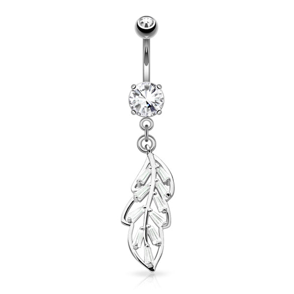 Leaf CZ Belly Dangle Belly Ring 14 gauge - 3/8" long (10mm) Stainless Steel