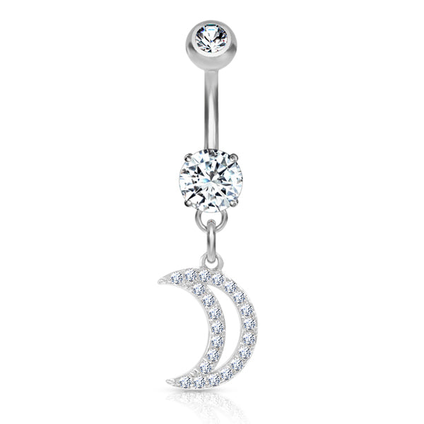 Moon CZ Belly Dangle Belly Ring 14 gauge - 3/8" long (10mm) Stainless Steel