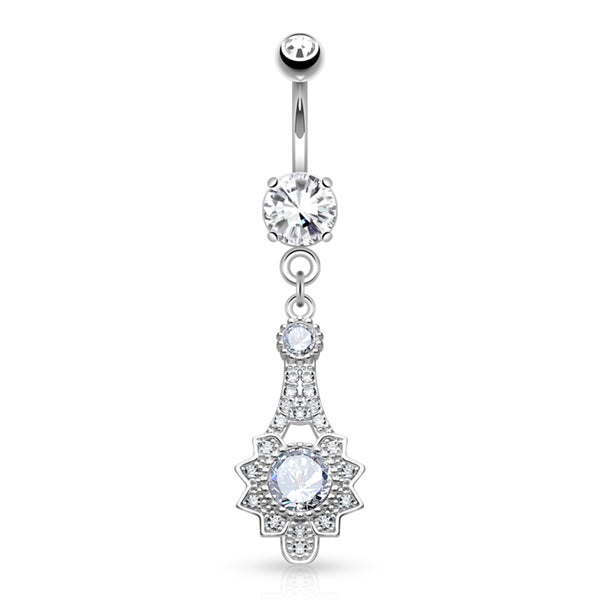 Ornate CZ Belly Dangle Belly Ring 14 gauge - 3/8" long (10mm) Stainless Steel