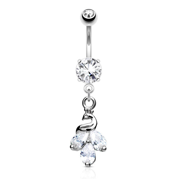 Peacock CZ Belly Dangle Belly Ring 14 gauge - 3/8" long (10mm) Stainless Steel