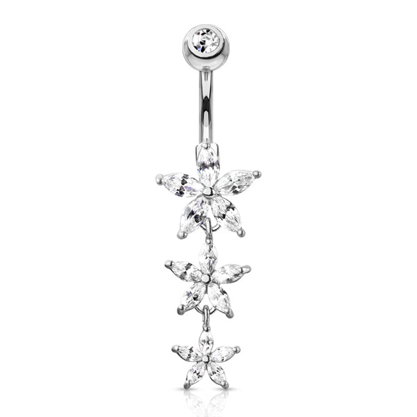 Triple CZ Flower Belly Dangle Belly Ring 14 gauge - 3/8