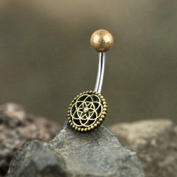 Seed of Life Yellow Brass Belly Barbell Belly Ring 14g - 3/8