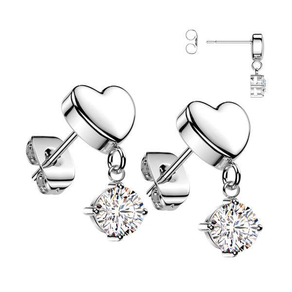 CZ Heart Dangle Titanium Stud Earrings Earrings 20 gauge Clear