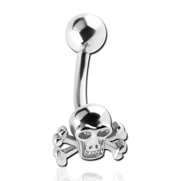 Skull & Crossbones Stainless Belly Barbell Belly Ring 14g - 3/8" long (10mm) stainless steel