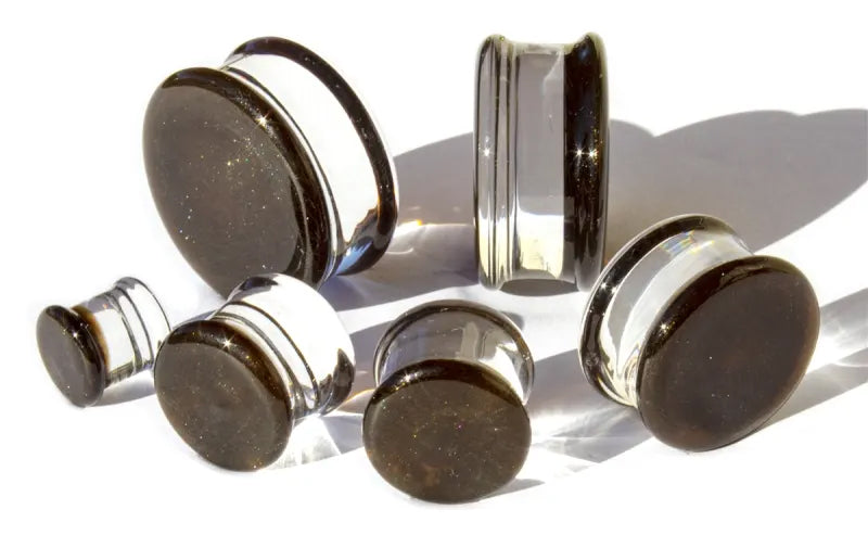 Sparkle Brown Double Flare Glass Plugs Stretched Lobes 4 gauge (5mm) Sparkle Brown