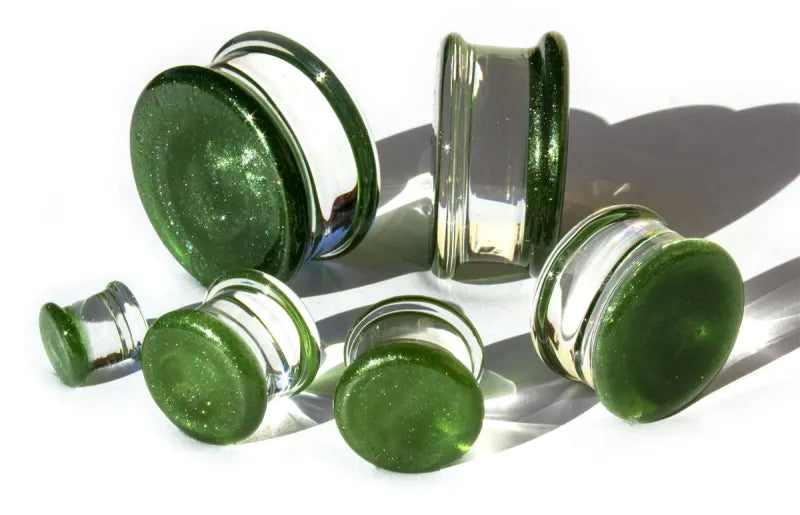 Sparkle Green Double Flare Glass Plugs Stretched Lobes 4 gauge (5mm) Sparkle Green
