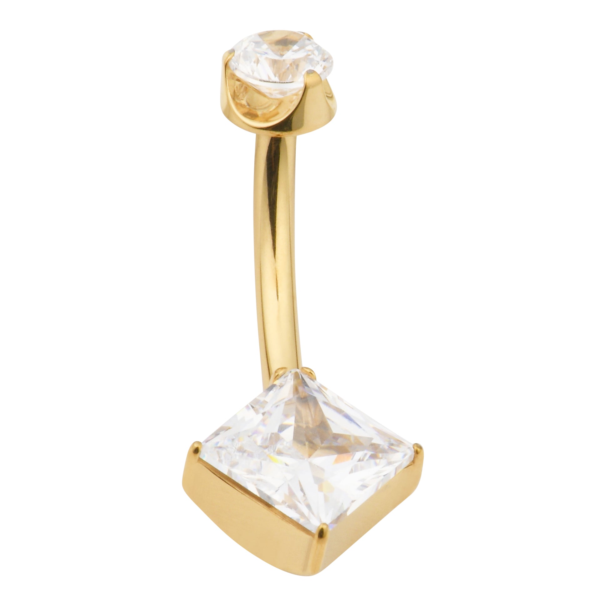 Square CZ Gold Titanium Belly Barbell Belly No-Dangles 14g - 3/8