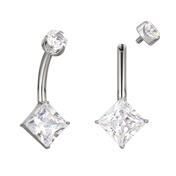Square CZ Titanium Belly Barbell Belly No-Dangles 14g - 3/8" long (10mm) Clear