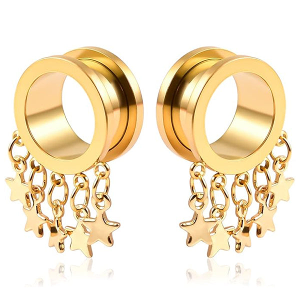 Star Dangles Gold Screw-On Tunnels Plugs 2 gauge (6mm) Gold