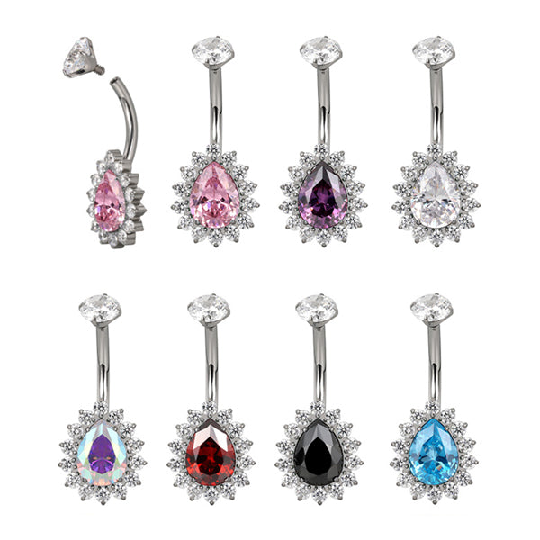 Teardrop CZ Flower Titanium Belly Barbell Belly No-Dangles 14g - 3/8