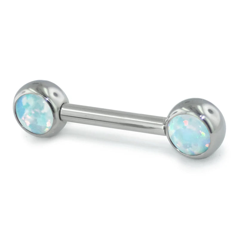 Threadless Cabochon Nipple Barbell by NeoMetal Nipple Barbells 14g - 7/16" long (11.1mm) - 4mm balls OW - White Opals