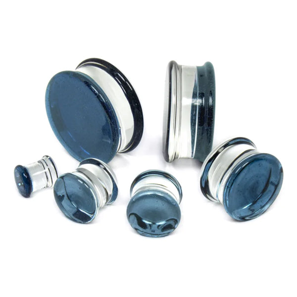 Translucent Sparkle Blue Double Flare Glass Plugs Stretched Lobes 4 gauge (5mm) Translucent Sparkle Blue