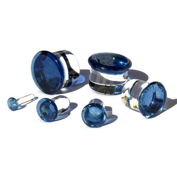 Translucent Sparkle Blue Single Flare Glass Plugs Stretched Lobes 12 gauge (2mm) Translucent Sparkle Blue