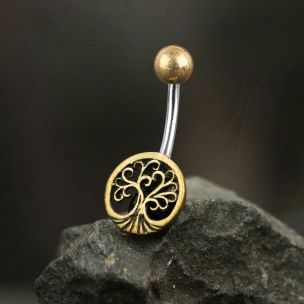Tree Yellow Brass Belly Barbell Belly Ring 14g - 3/8