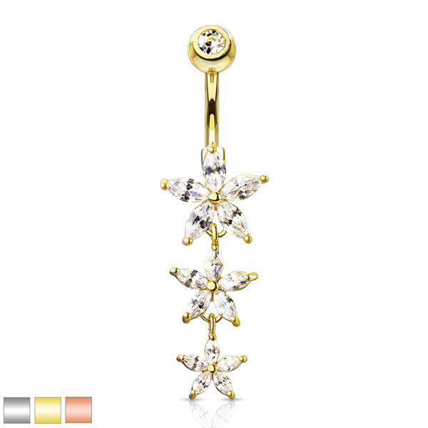 Triple CZ Flower Belly Dangle Belly Ring  