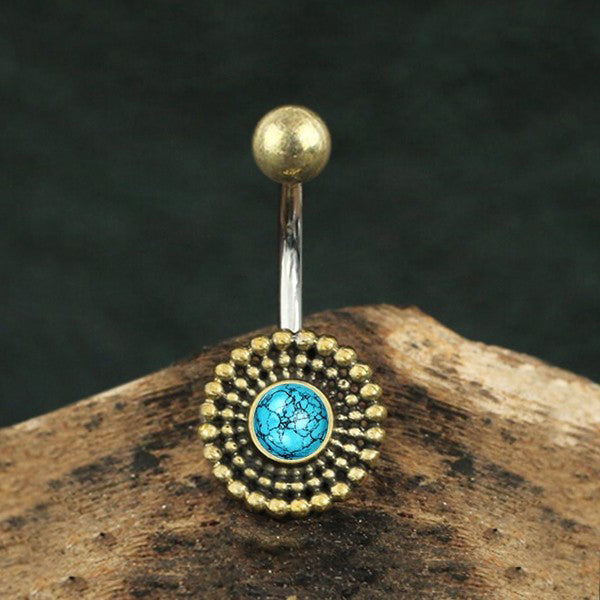 Turquoise Beaded Brass Belly Barbell Belly Ring 14g - 3/8" long (10mm) Yellow Brass
