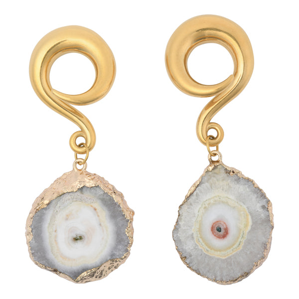 White Agate Slice Gold Coil Hangers Ear Weights 6 gauge (4mm) Gold