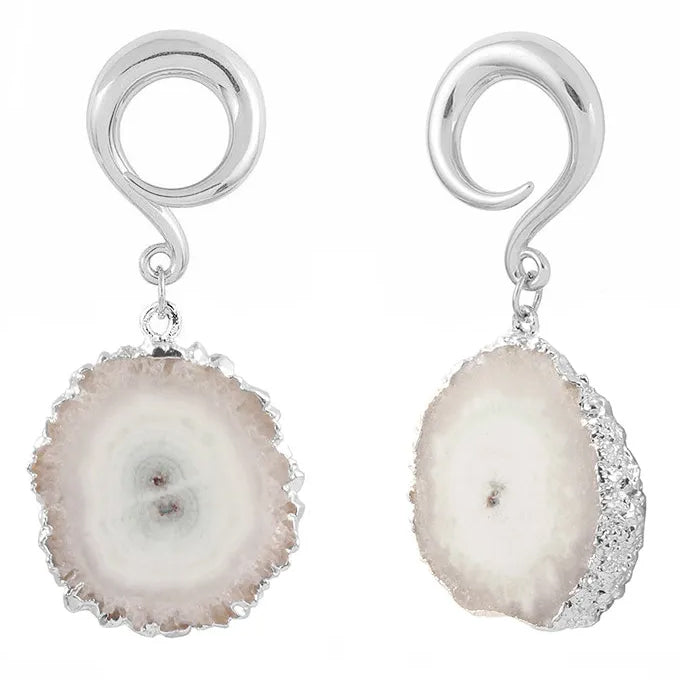 White Agate Slice Stainless Coil Hangers Ear Weights  