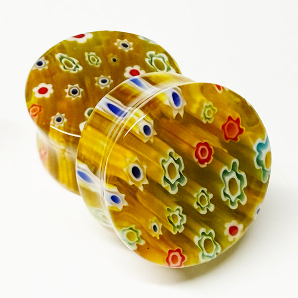 Yellow Millefiori Glass Plugs Stretched Lobes 0 gauge (8mm) Yellow